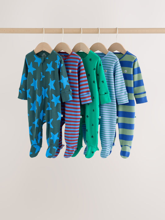 Blue/Green Two Way Zip Baby Sleepsuits 5 Pack (0-2yrs) - image 1