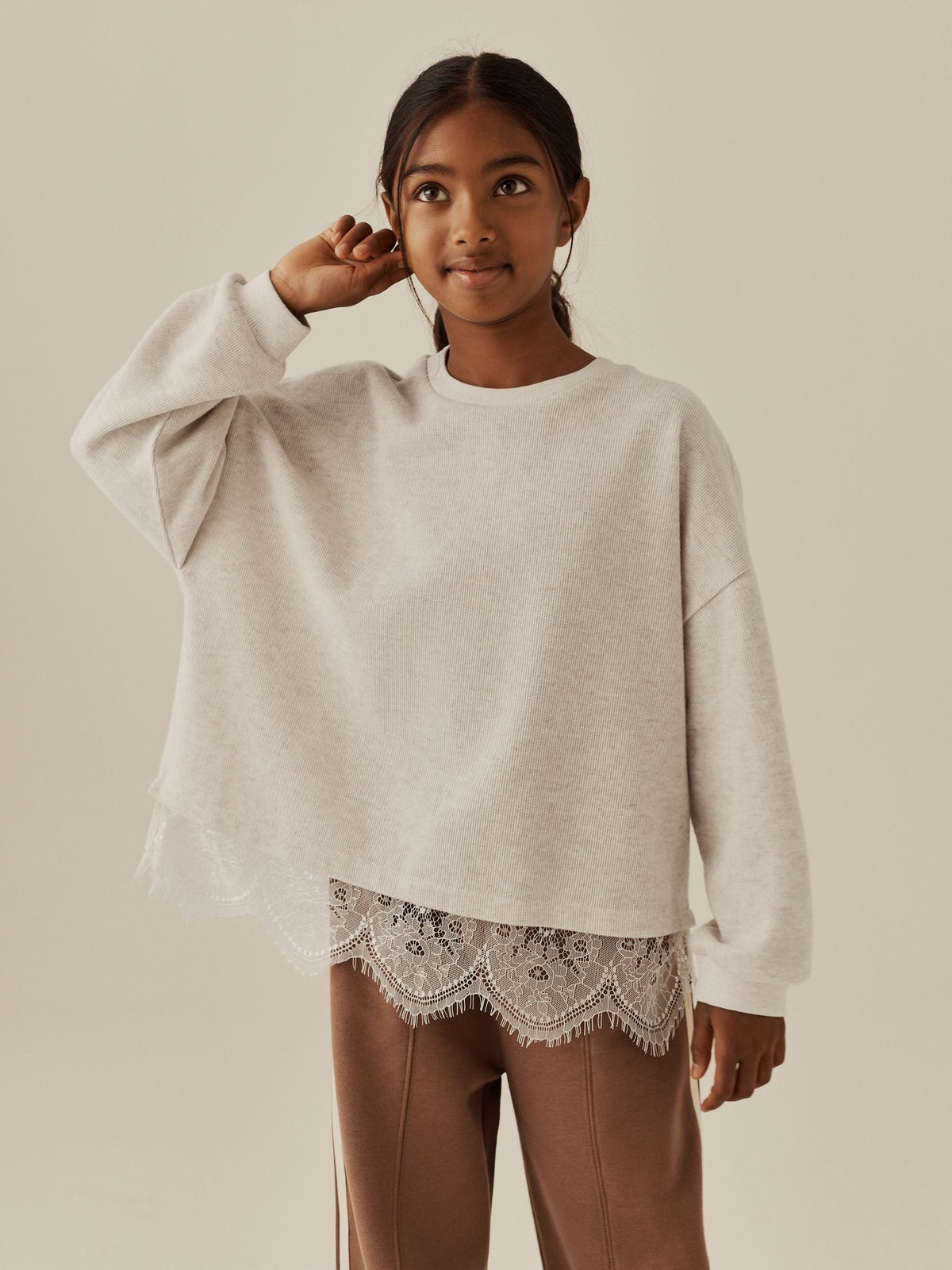 Oatmeal Cosy Rib Lace Hem Sweatshirt (3-16yrs) - image 1