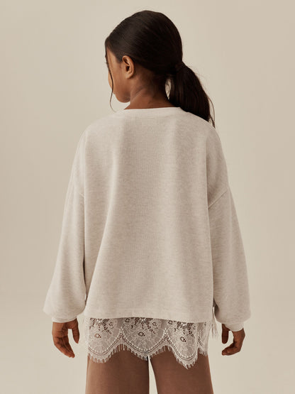 Oatmeal Cosy Rib Lace Hem Sweatshirt (3-16yrs) - image 3
