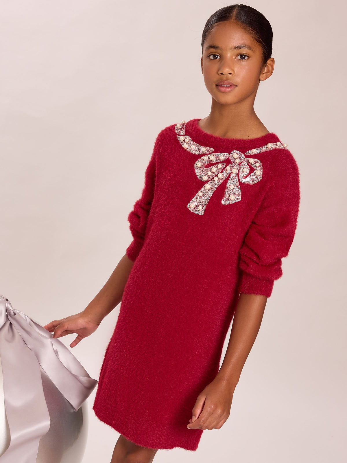 Dsiney Kidz - Lipsy Burgundy Red Bow Fluffy Knit Christmas Jumper Dress (5-16yrs) image 1