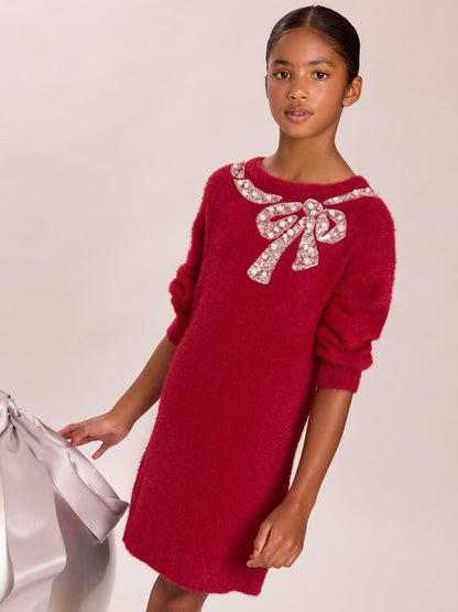 Dsiney Kidz - Lipsy Burgundy Red Bow Fluffy Knit Christmas Jumper Dress (5-16yrs) image 1
