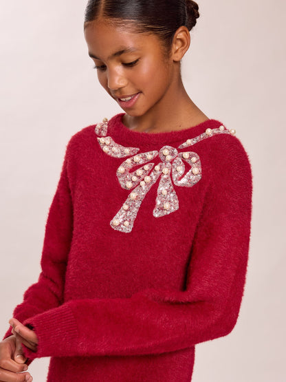 Dsiney Kidz - Lipsy Burgundy Red Bow Fluffy Knit Christmas Jumper Dress (5-16yrs) image 3