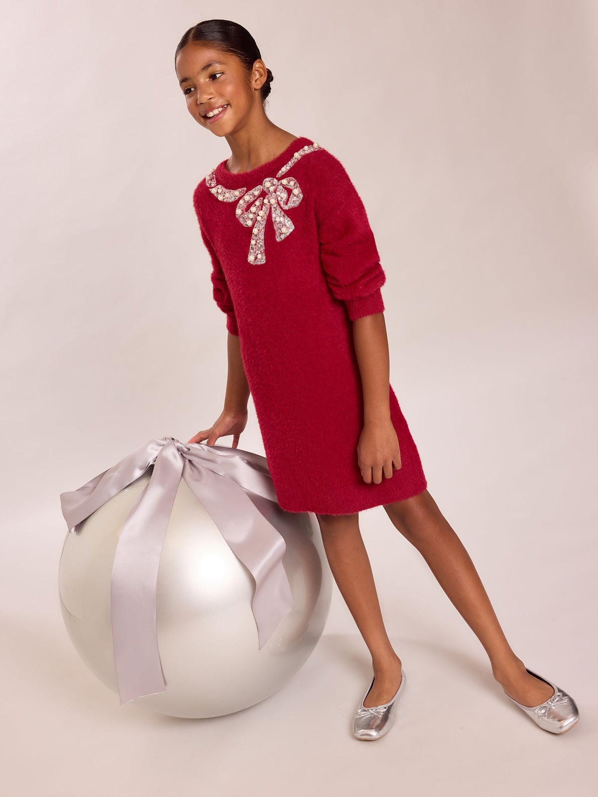 Dsiney Kidz - Lipsy Burgundy Red Bow Fluffy Knit Christmas Jumper Dress (5-16yrs) image 4