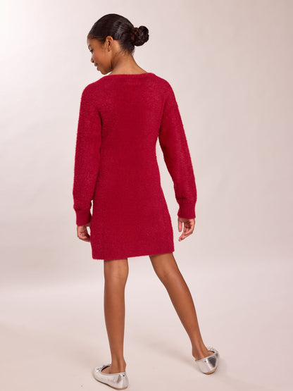 Dsiney Kidz - Lipsy Burgundy Red Bow Fluffy Knit Christmas Jumper Dress (5-16yrs) image 5