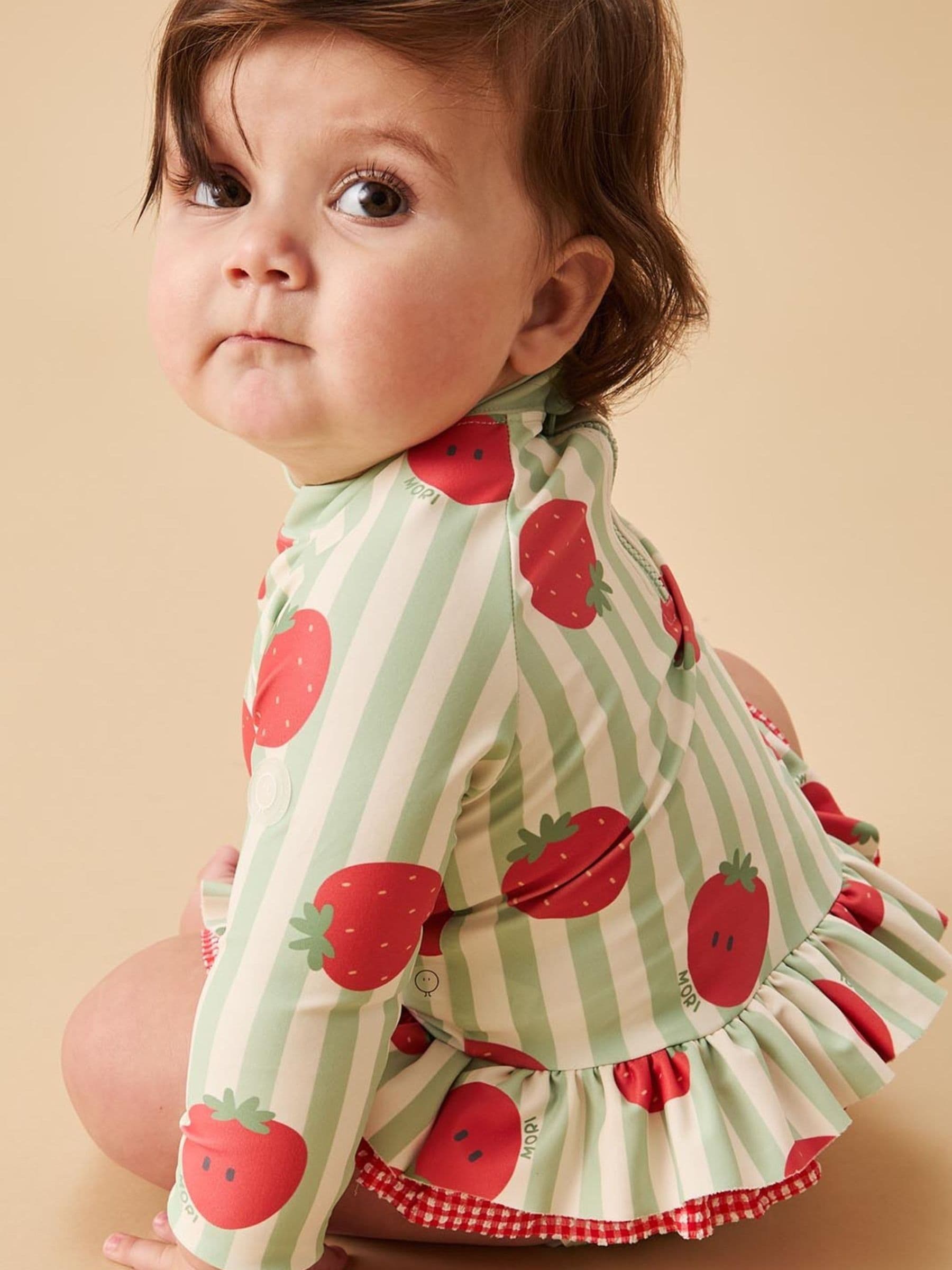 MORI Green Strawberry Stripe Frill Long Sleeve Sun Safe Swimsuit image 1