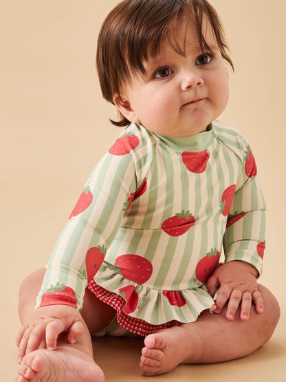 MORI Green Strawberry Stripe Frill Long Sleeve Sun Safe Swimsuit image 4