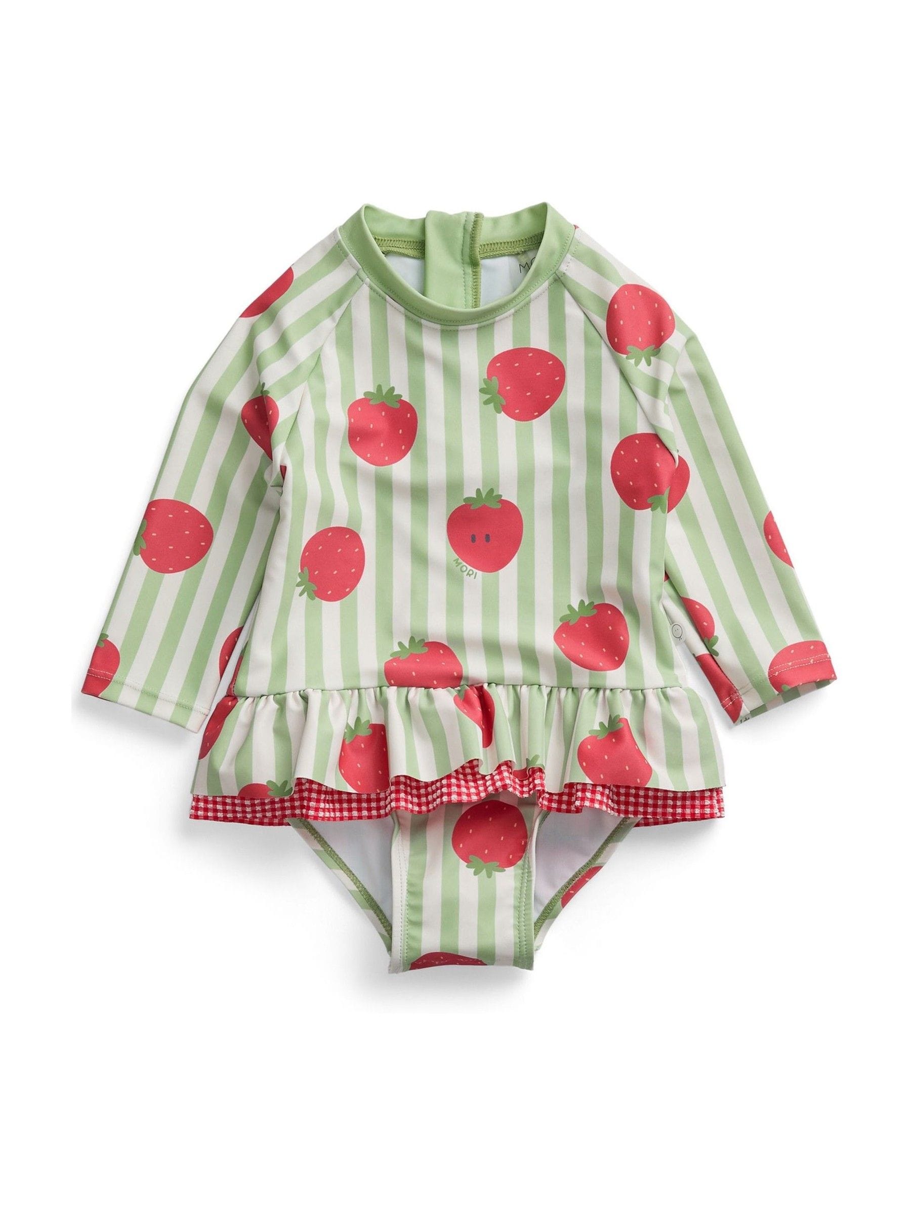 MORI Green Strawberry Stripe Frill Long Sleeve Sun Safe Swimsuit image 5