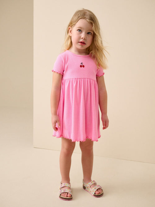 Pink Cherry Short sleeve Embroidered Ribbed Dress (3mths-7yrs) image 1