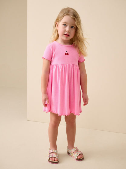 Pink Cherry Short sleeve Embroidered Ribbed Dress (3mths-7yrs) image 1