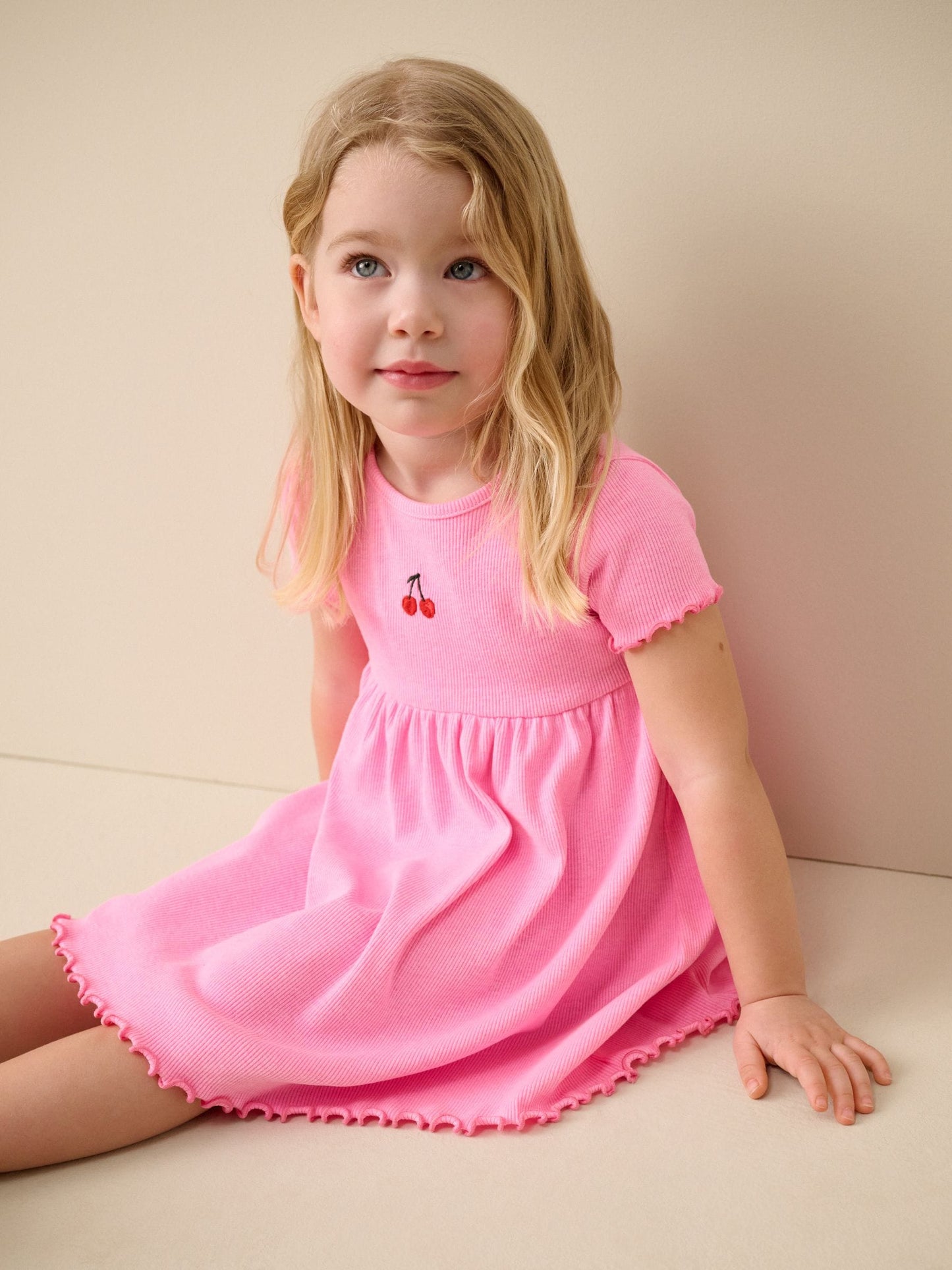 Pink Cherry Short sleeve Embroidered Ribbed Dress (3mths-7yrs) image 2