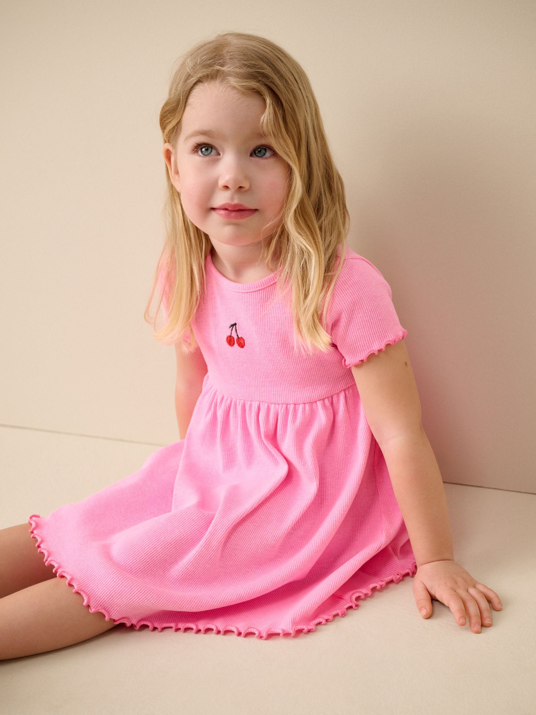 Pink Cherry Short sleeve Embroidered Ribbed Dress (3mths-7yrs) image 2