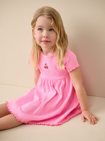 Pink Cherry Short sleeve Embroidered Ribbed Dress (3mths-7yrs) image 2