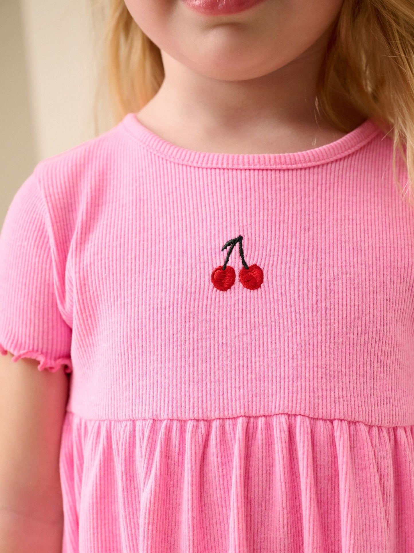 Pink Cherry Short sleeve Embroidered Ribbed Dress (3mths-7yrs) image 4