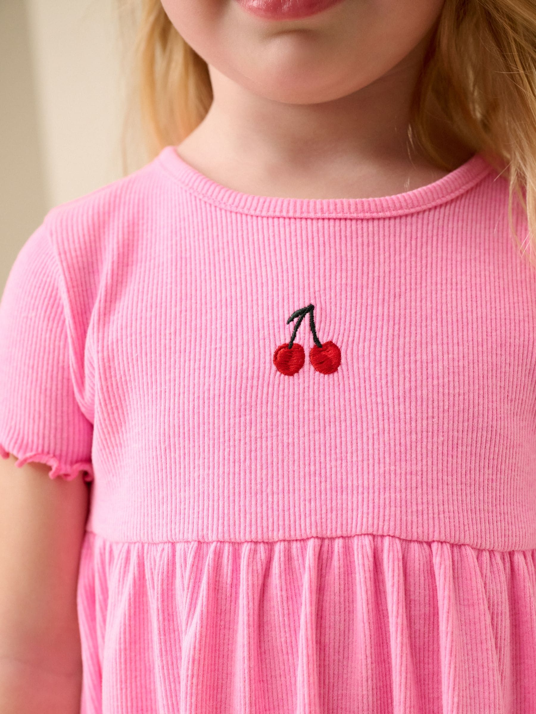 Pink Cherry Short sleeve Embroidered Ribbed Dress (3mths-7yrs) image 4