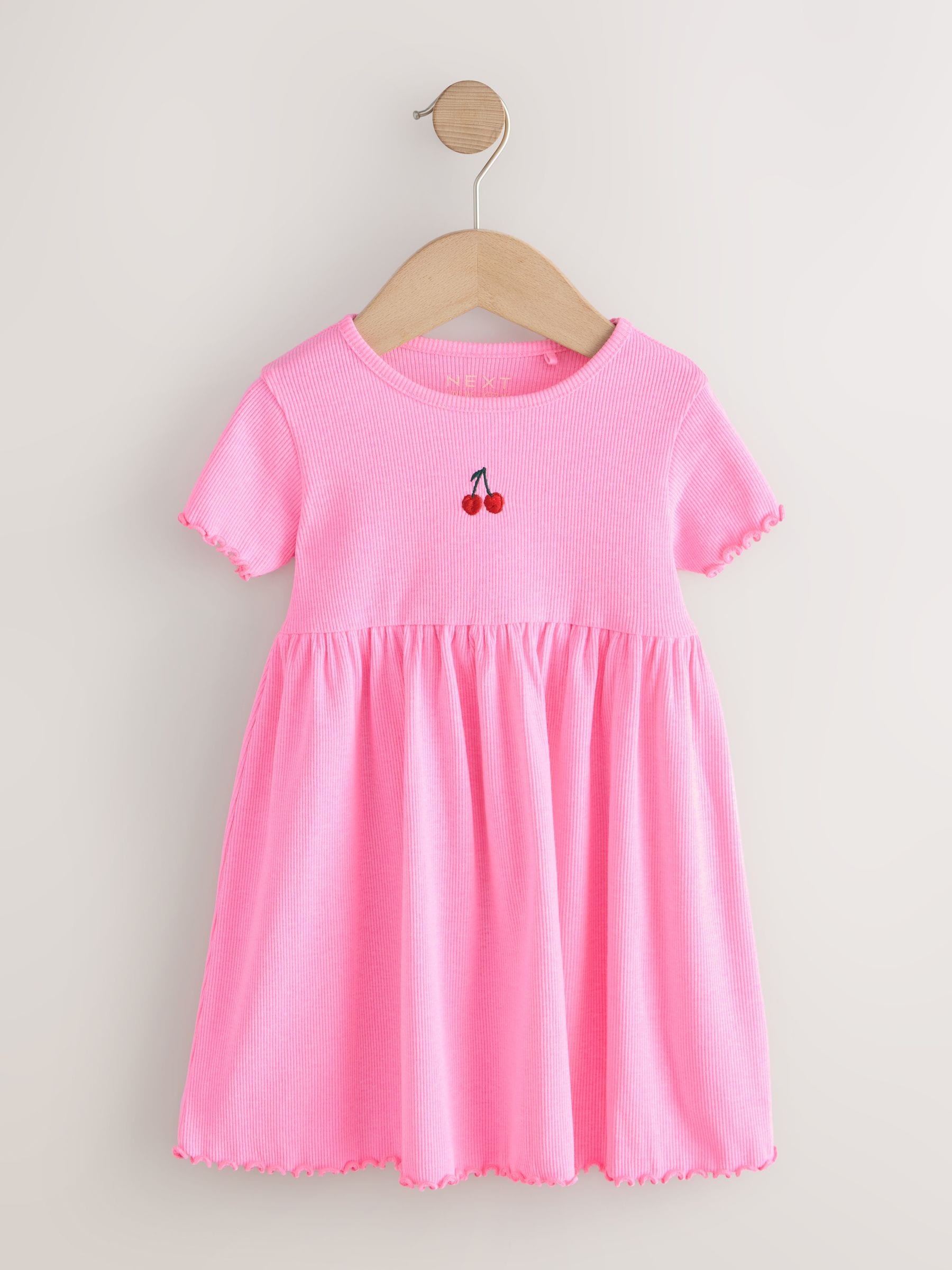 Pink Cherry Short sleeve Embroidered Ribbed Dress (3mths-7yrs) image 5