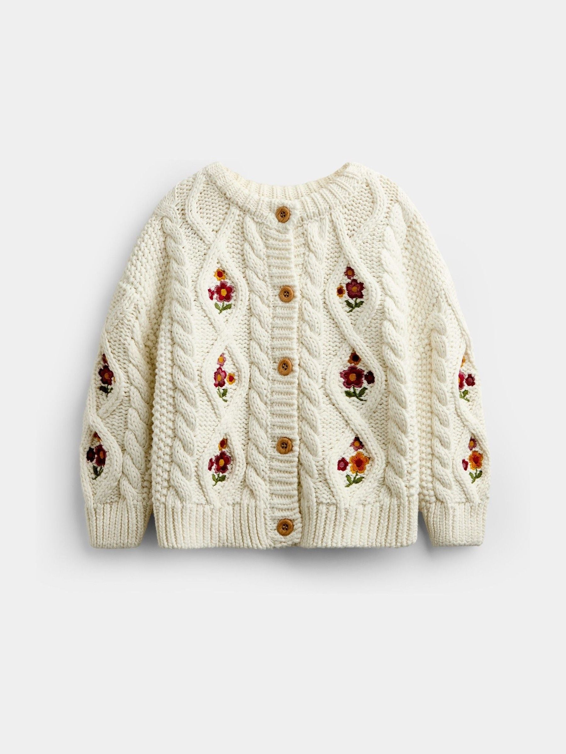 Dsiney Kidz - JoJo Maman Bébé Cream Floral Embroidered Chunky Cable Knit Cardigan image 1