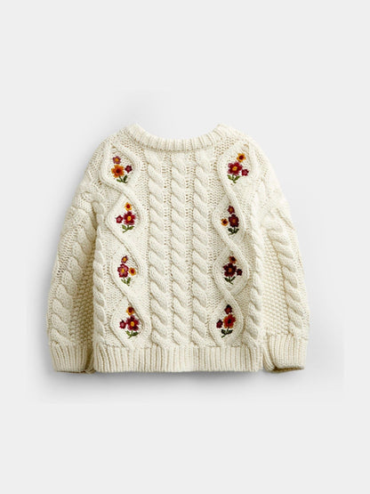 Dsiney Kidz - JoJo Maman Bébé Cream Floral Embroidered Chunky Cable Knit Cardigan image 2