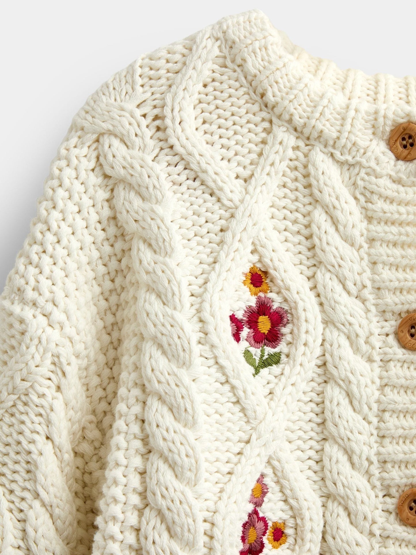 Dsiney Kidz - JoJo Maman Bébé Cream Floral Embroidered Chunky Cable Knit Cardigan image 3