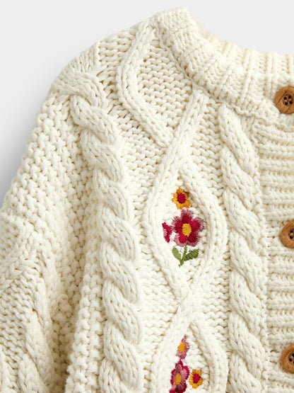 Dsiney Kidz - JoJo Maman Bébé Cream Floral Embroidered Chunky Cable Knit Cardigan image 3