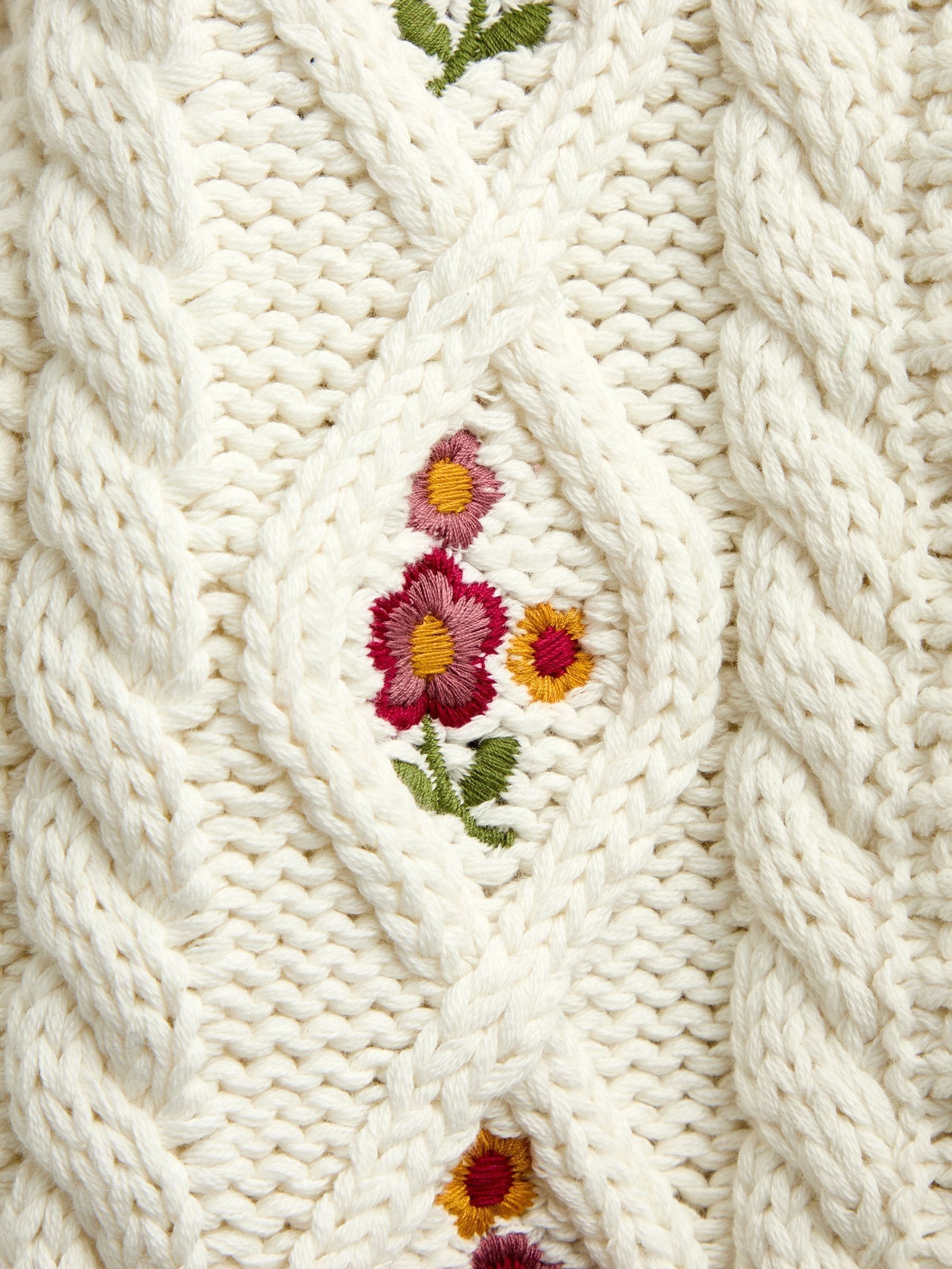 Dsiney Kidz - JoJo Maman Bébé Cream Floral Embroidered Chunky Cable Knit Cardigan image 4