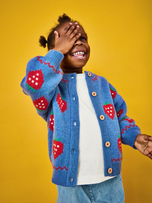 Dsiney Kidz - Jojo Maman Bébé Mid Blue Strawberry Knit Cardigan image 1