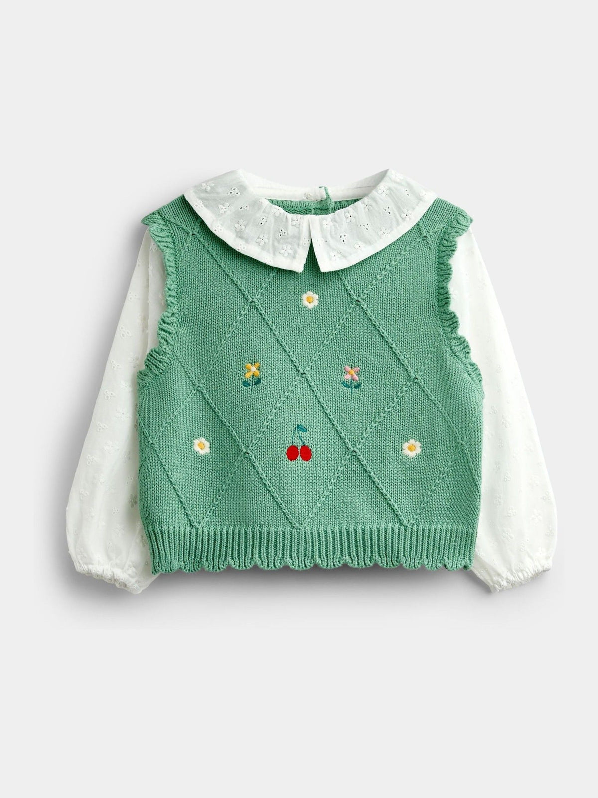Dsiney Kidz - JoJo Maman Bébé Sage Green Cherry Woven & Knit Embroidered Collar Top image 1