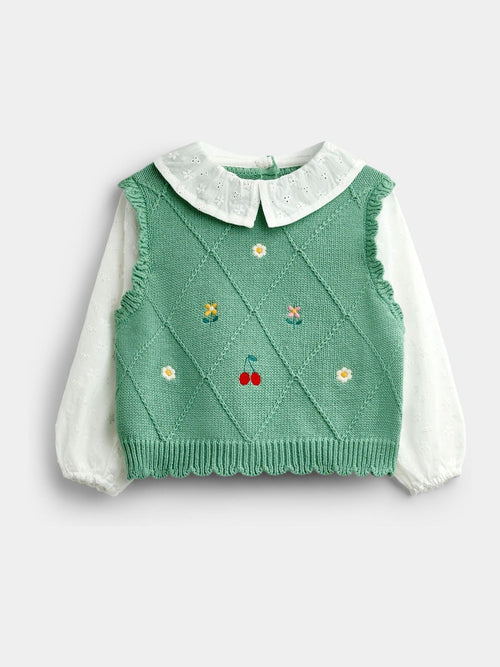 Dsiney Kidz - JoJo Maman Bébé Sage Green Cherry Woven & Knit Embroidered Collar Top image 1