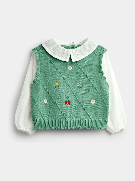 Dsiney Kidz - JoJo Maman Bébé Sage Green Cherry Woven & Knit Embroidered Collar Top image 1