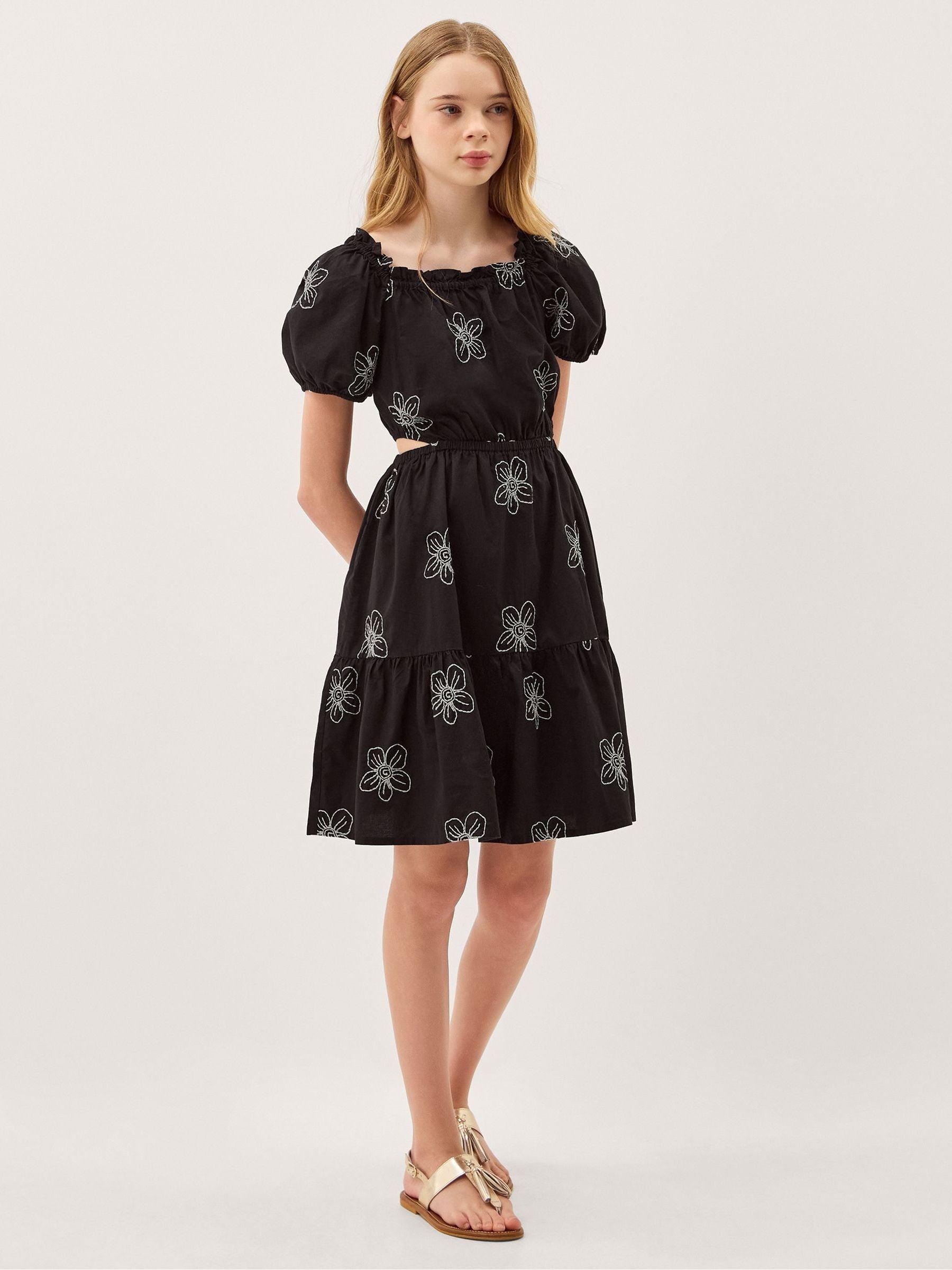 Monsoon Black Puff Sleeve Floral Embroidered Dress image 1