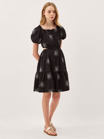 Monsoon Black Puff Sleeve Floral Embroidered Dress image 1