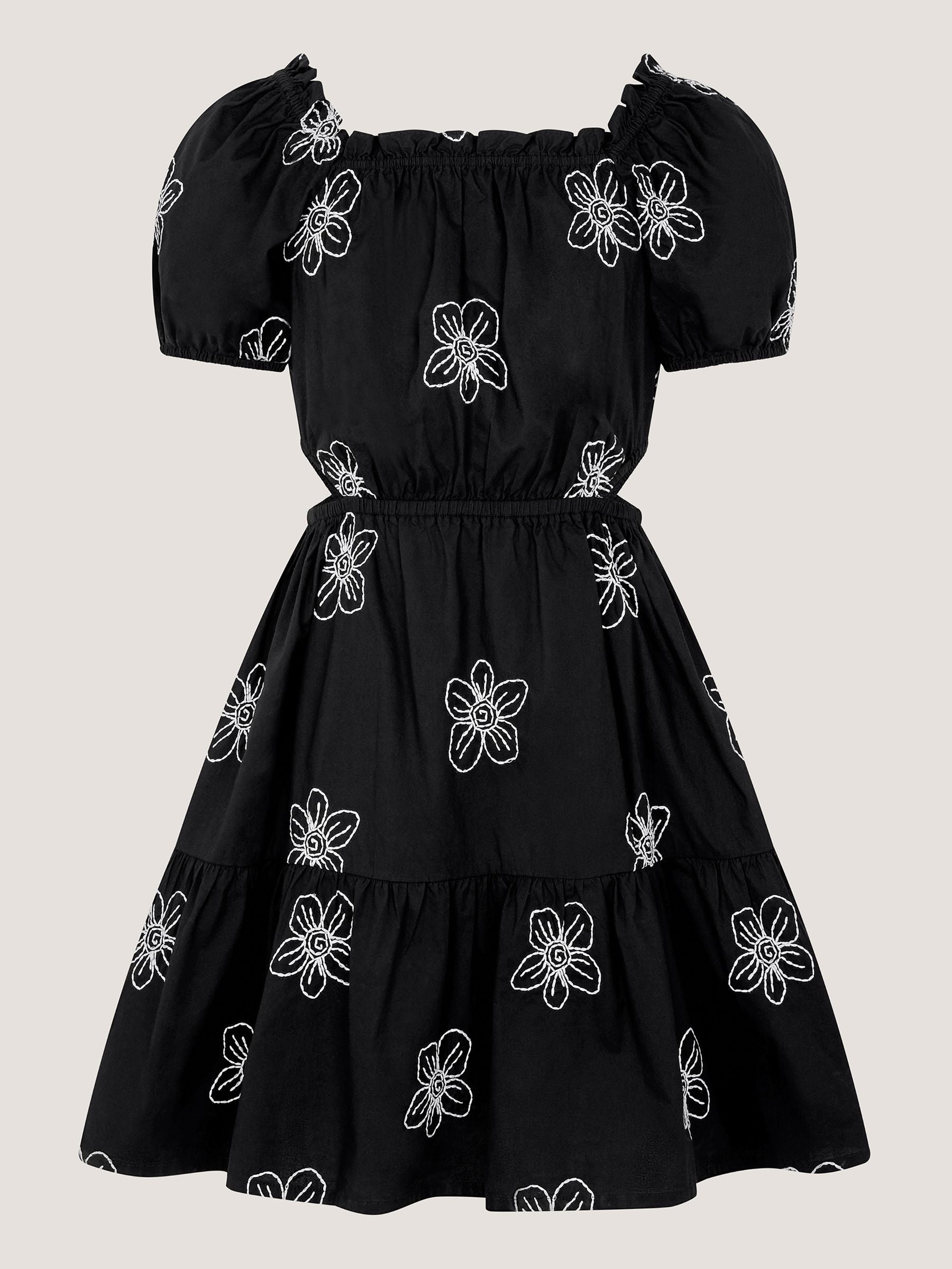 Monsoon Black Puff Sleeve Floral Embroidered Dress image 2