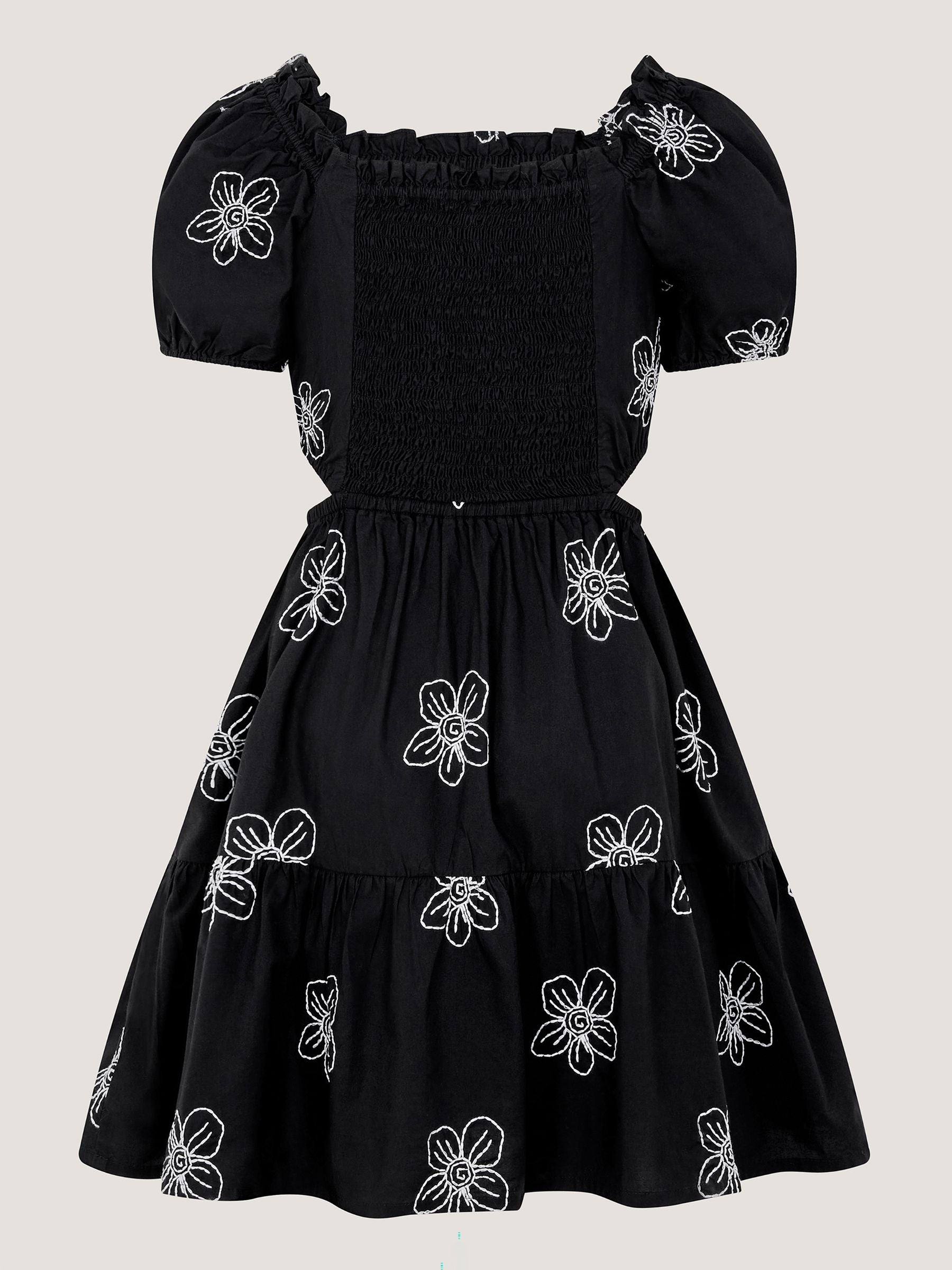 Monsoon Black Puff Sleeve Floral Embroidered Dress image 3