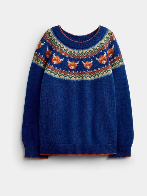 Dsiney Kidz - JoJo Maman Bébé Blue Highland Cow Fairisle Knitted Jumper image 1