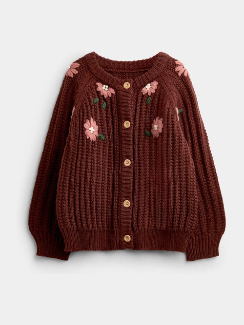 Dsiney Kidz - JoJo Maman Bébé Mid Brown Floral Embroidered Rib Knit Cardigan image 1