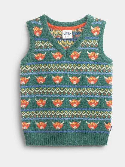 JoJo Maman Bébé Khaki Green Highland Cow Fairisle Knitted Jumper - image 1