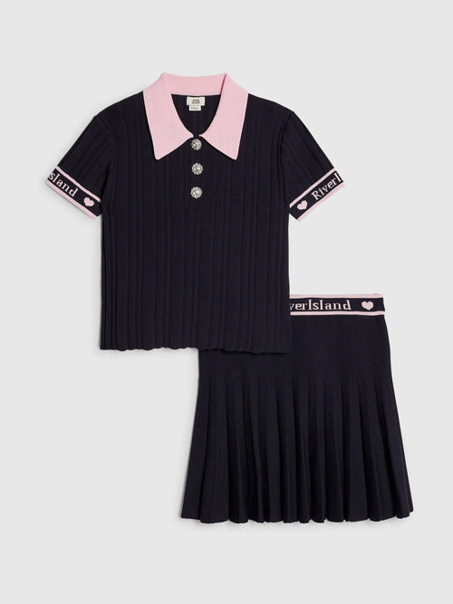 Dsiney Kidz - River Island Navy Rib Polo Top & Skirt Set image 1