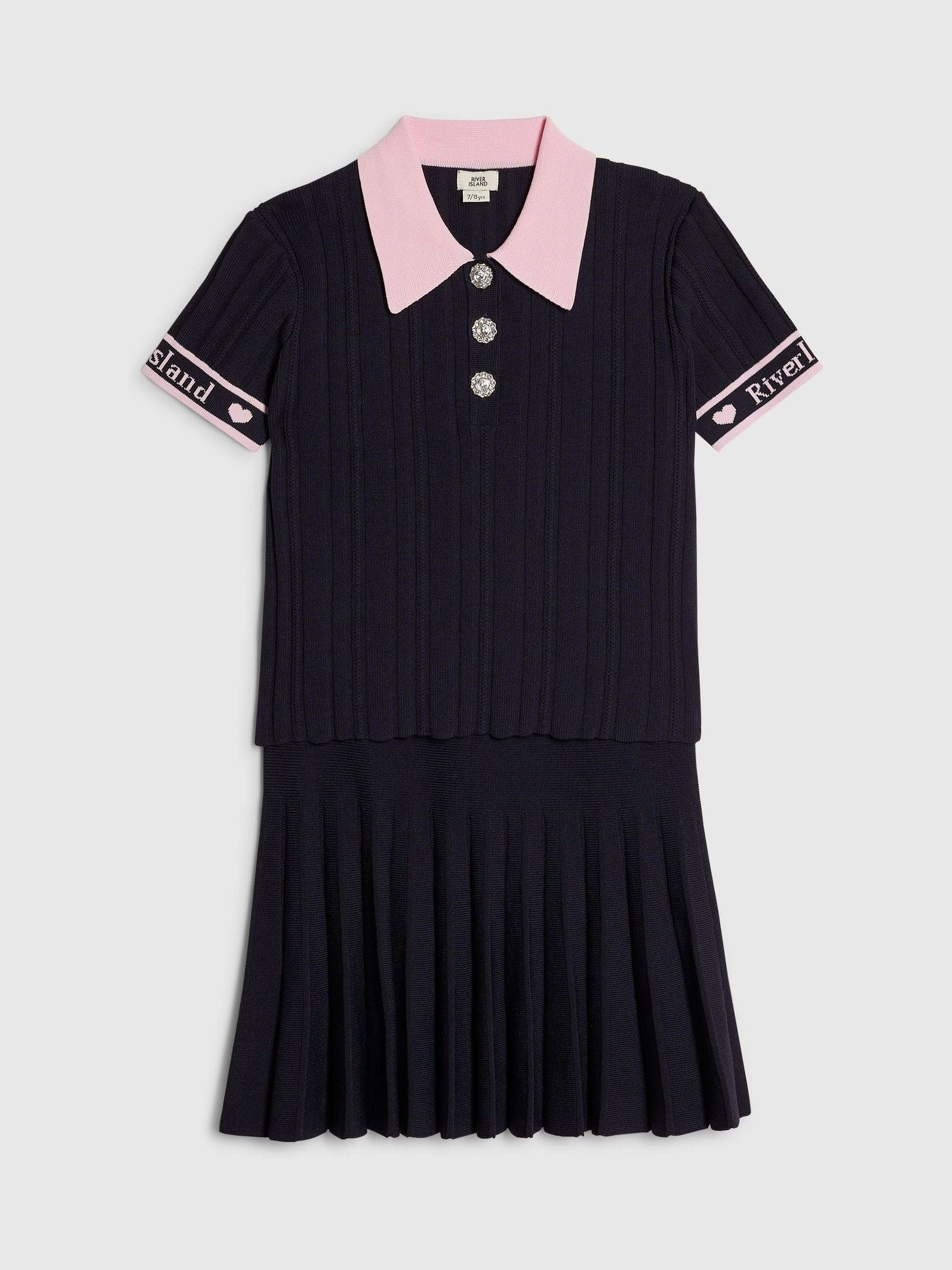 Dsiney Kidz - River Island Navy Rib Polo Top & Skirt Set image 3