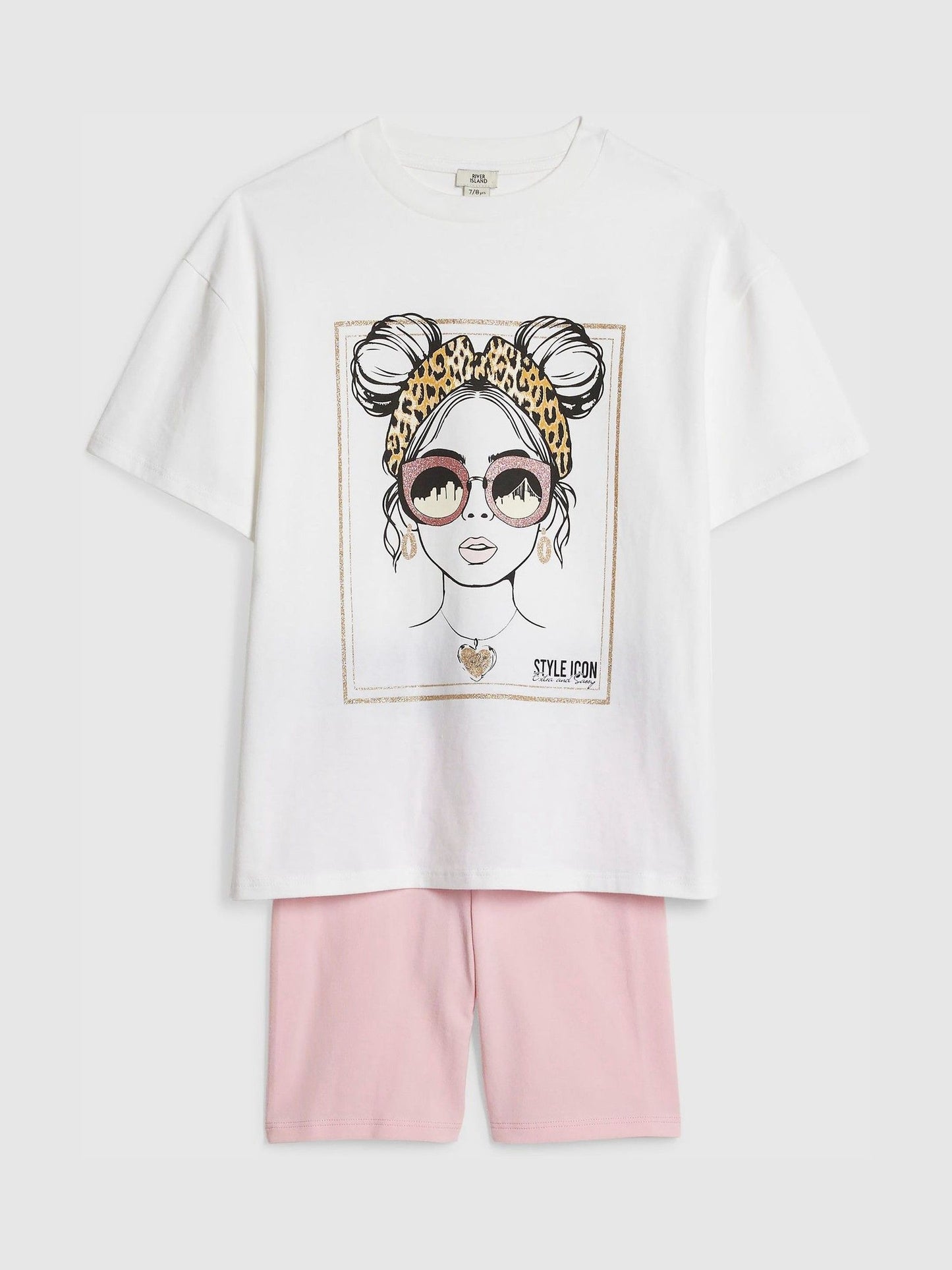 Dsiney Kidz - River Island White/Pink Iconic T-Shirt & Cycle Shorts Set image 3