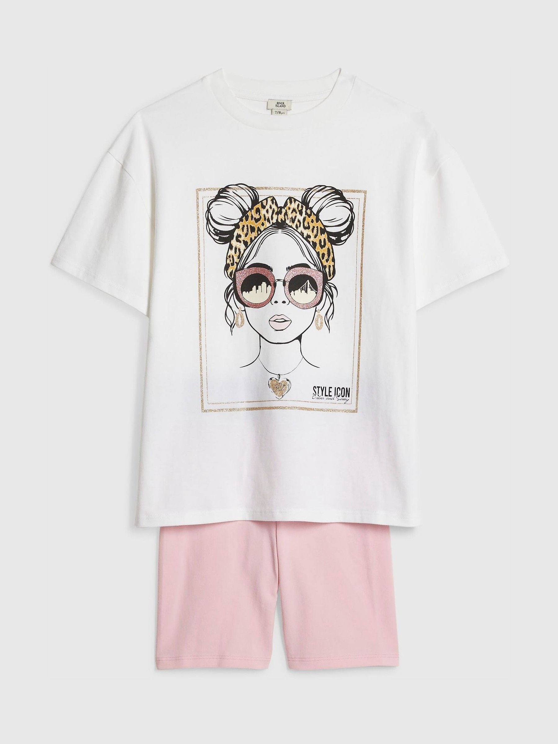 Dsiney Kidz - River Island White/Pink Iconic T-Shirt & Cycle Shorts Set image 3