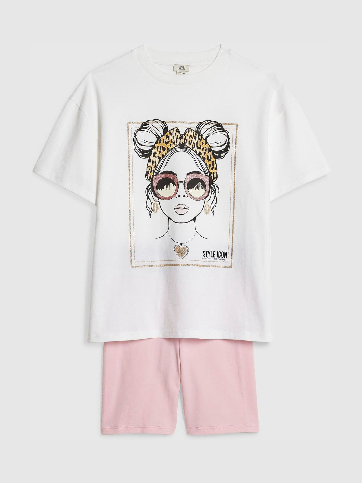 Dsiney Kidz - River Island White/Pink Iconic T-Shirt & Cycle Shorts Set image 3