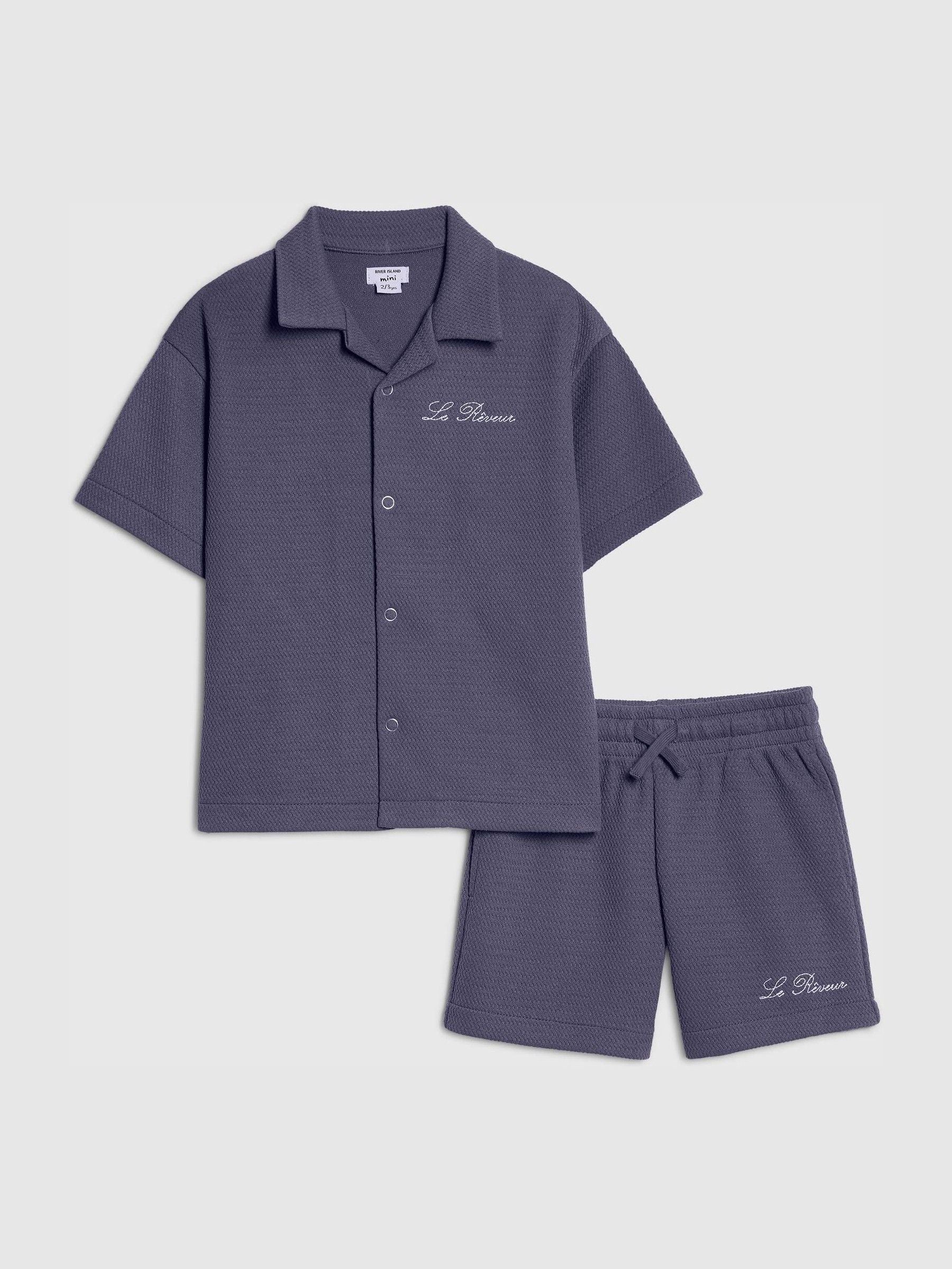 River Island Blue Boxy Texture Revere Shirt & Shorts image 1