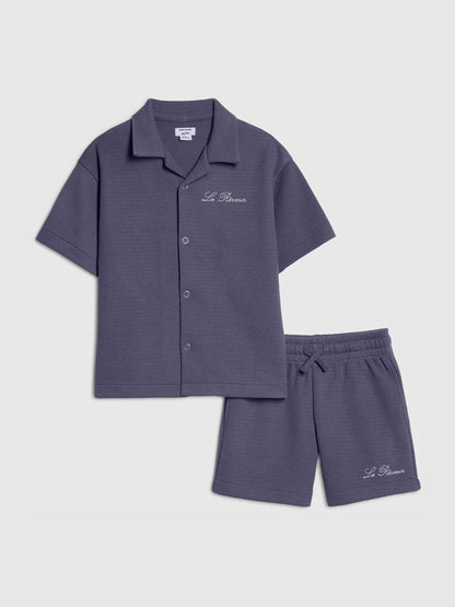River Island Blue Boxy Texture Revere Shirt & Shorts image 1