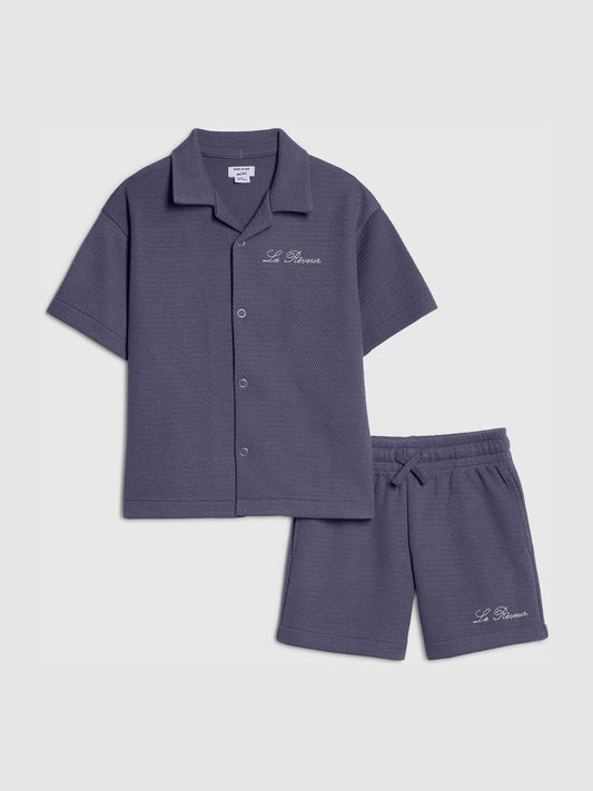 River Island Blue Boxy Texture Revere Shirt & Shorts image 1