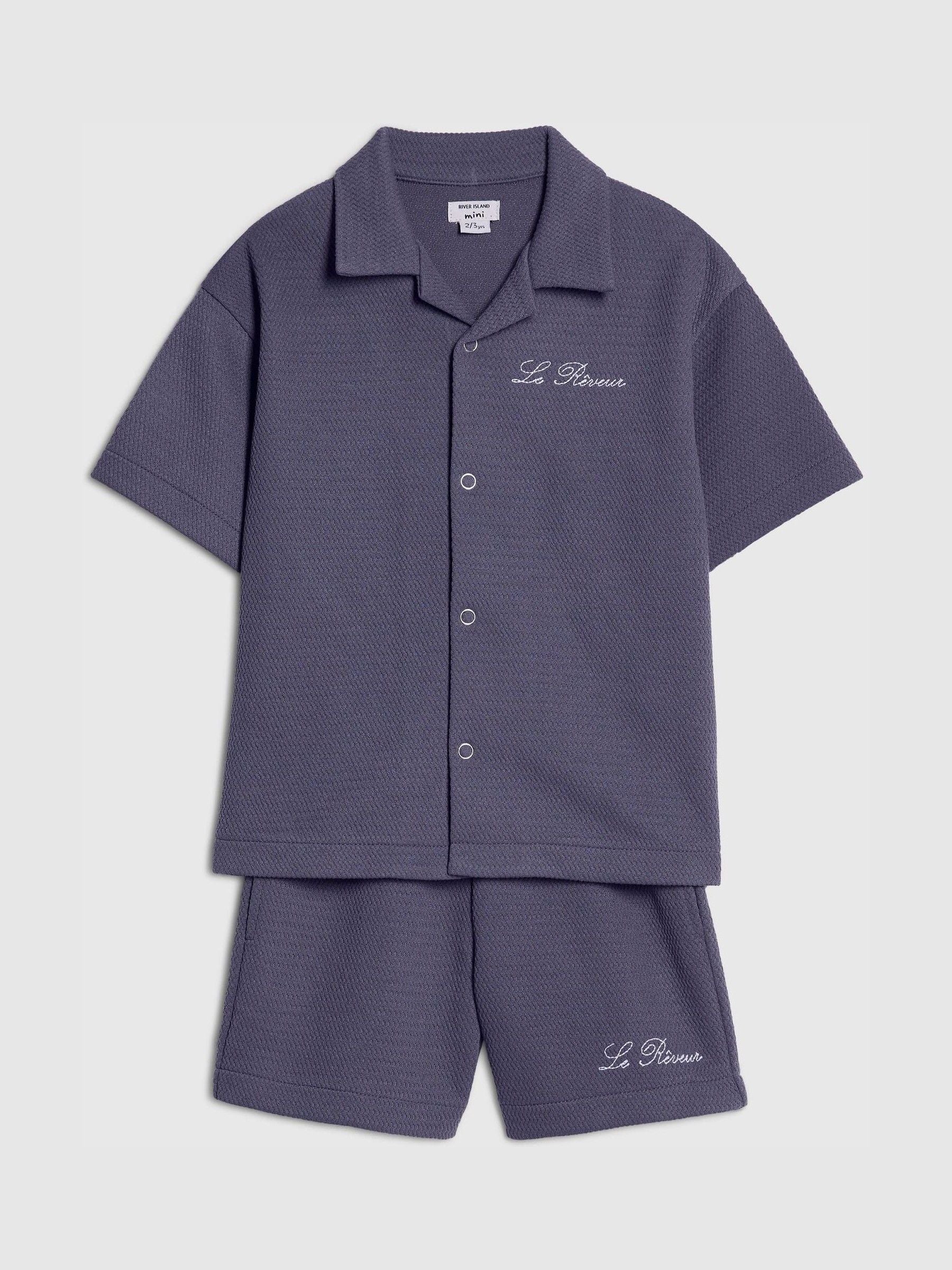 River Island Blue Boxy Texture Revere Shirt & Shorts image 3