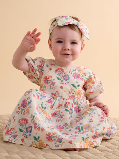 Purebaby Pink Linen Blend Floral Dress and Headband image 1