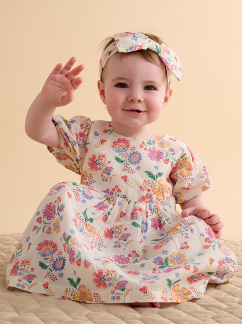 Purebaby Pink Linen Blend Floral Dress and Headband image 1