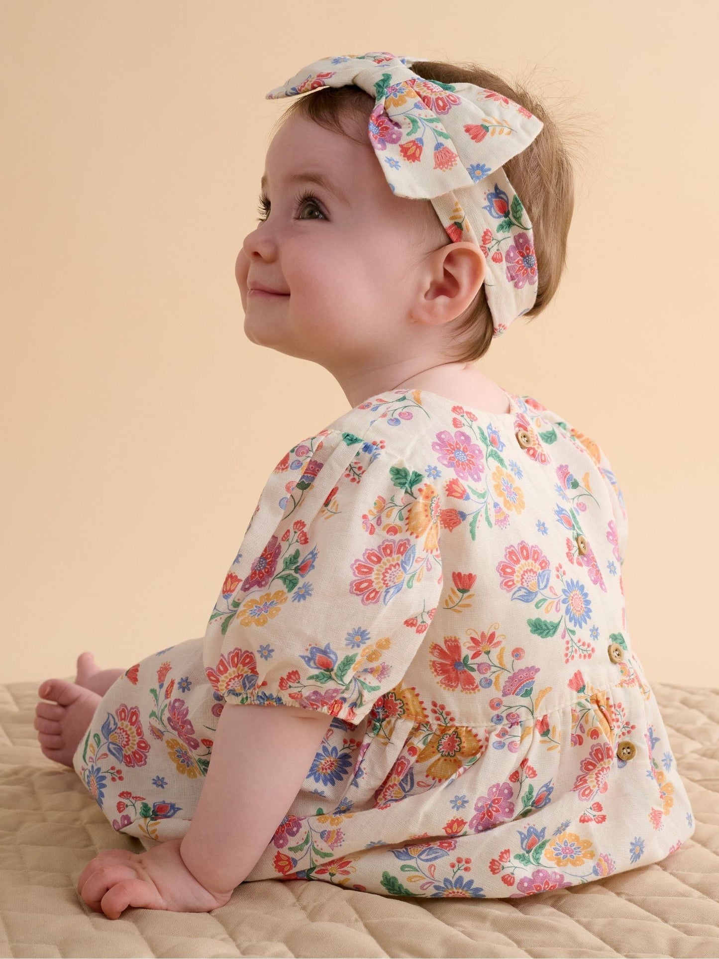 Purebaby Pink Linen Blend Floral Dress and Headband image 3