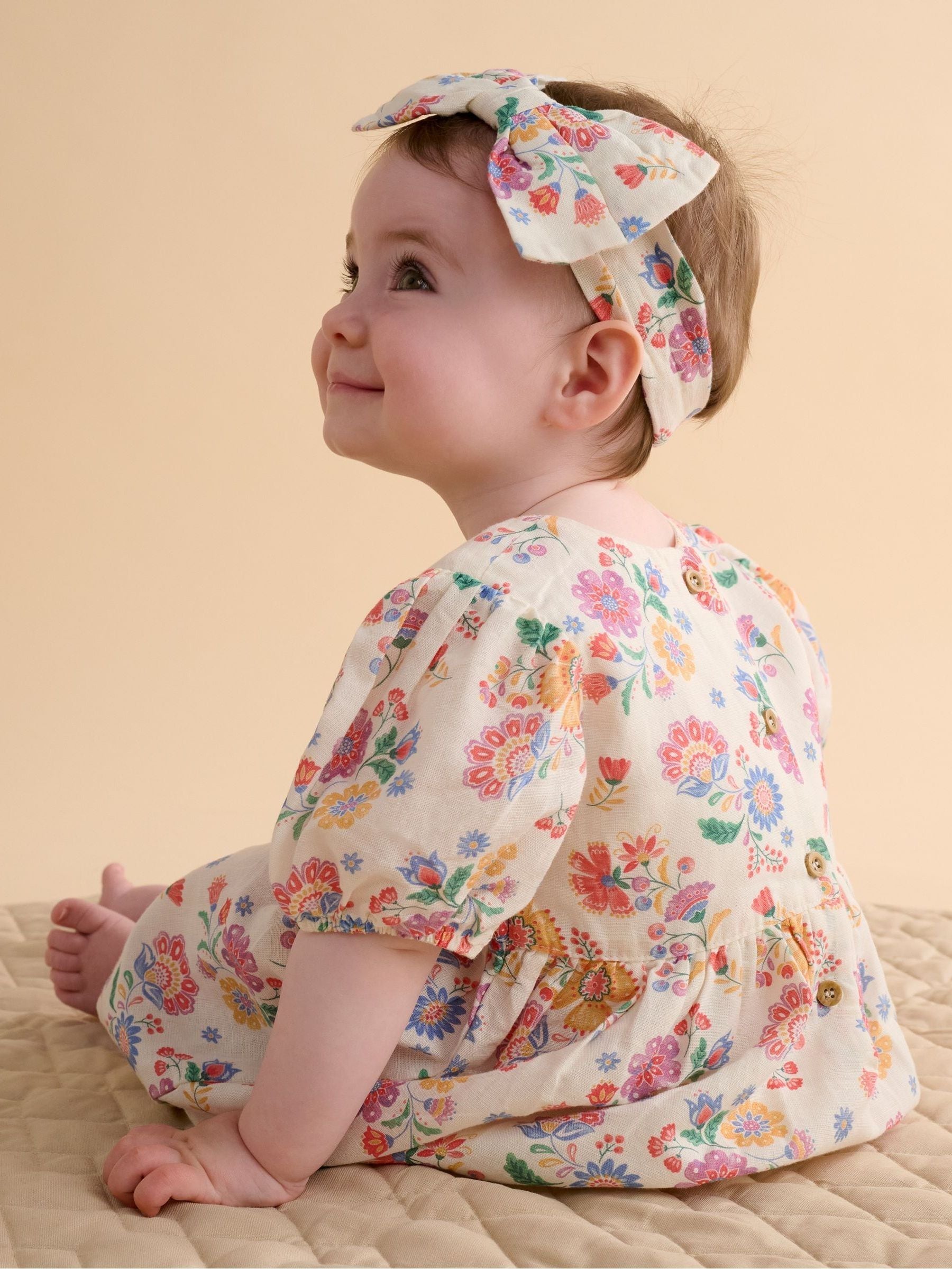Purebaby Pink Linen Blend Floral Dress and Headband image 3