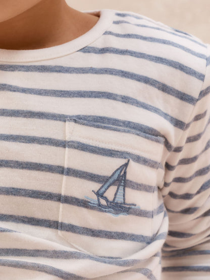 The White Company Blue Cotton Blend Sleepy Stripe Relaxed Top & Shorts Set image 4
