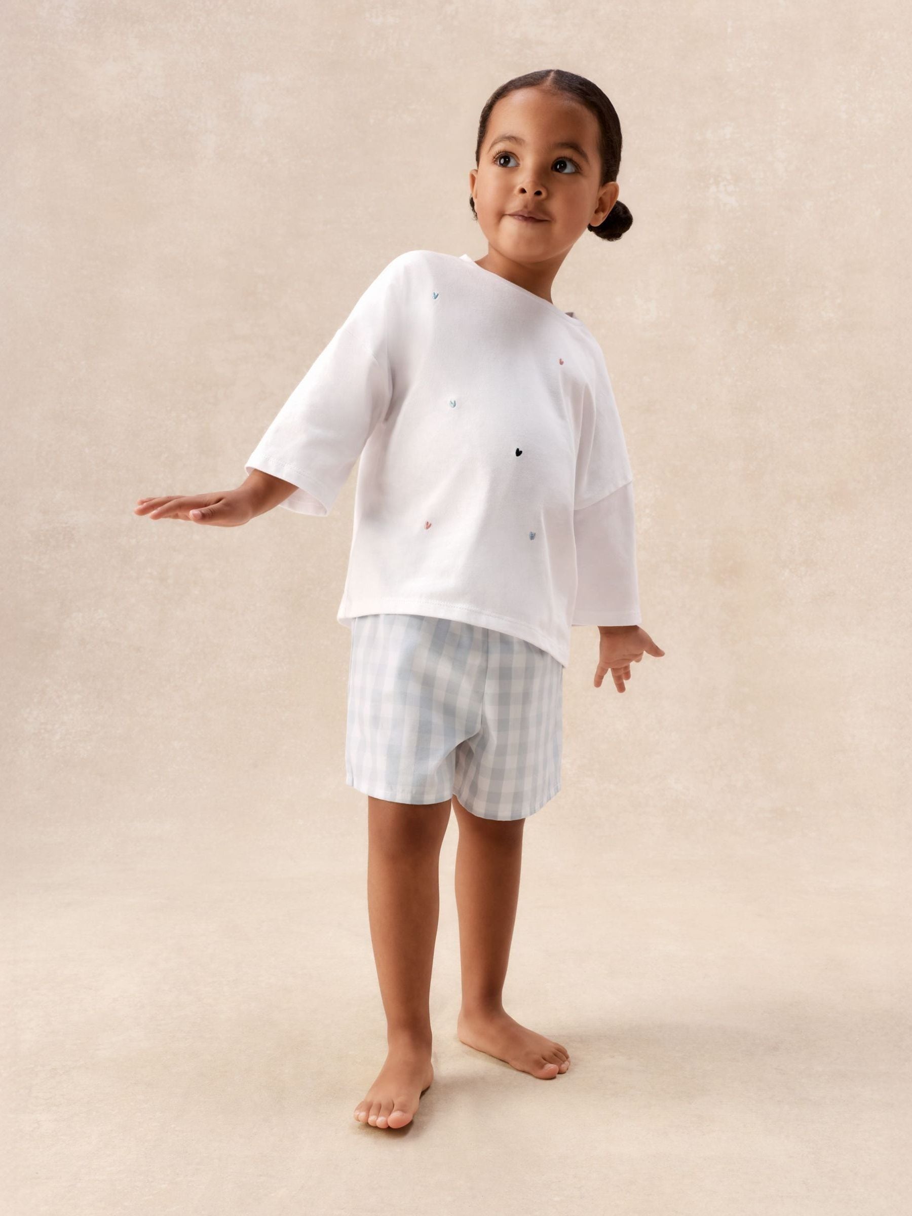 The White Company White Cotton Blend Heart & Gingham Relaxed Shortie Top & Shorts Set image 1